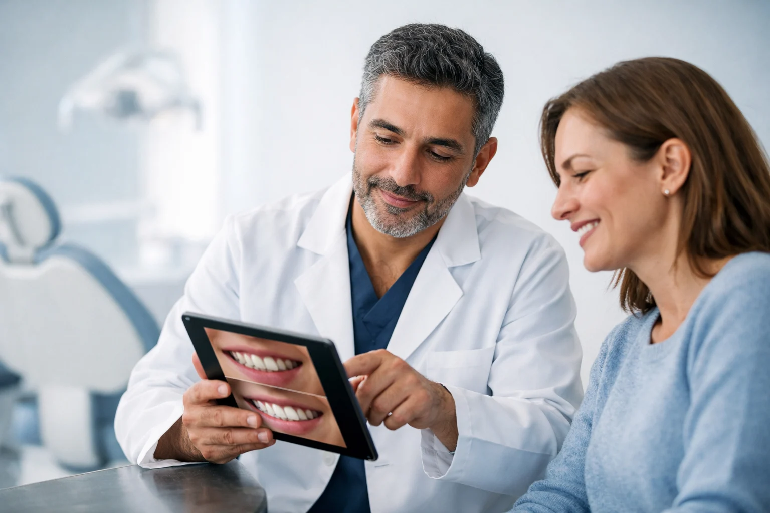 Cosmetic dentist reviewing smile treatment plan